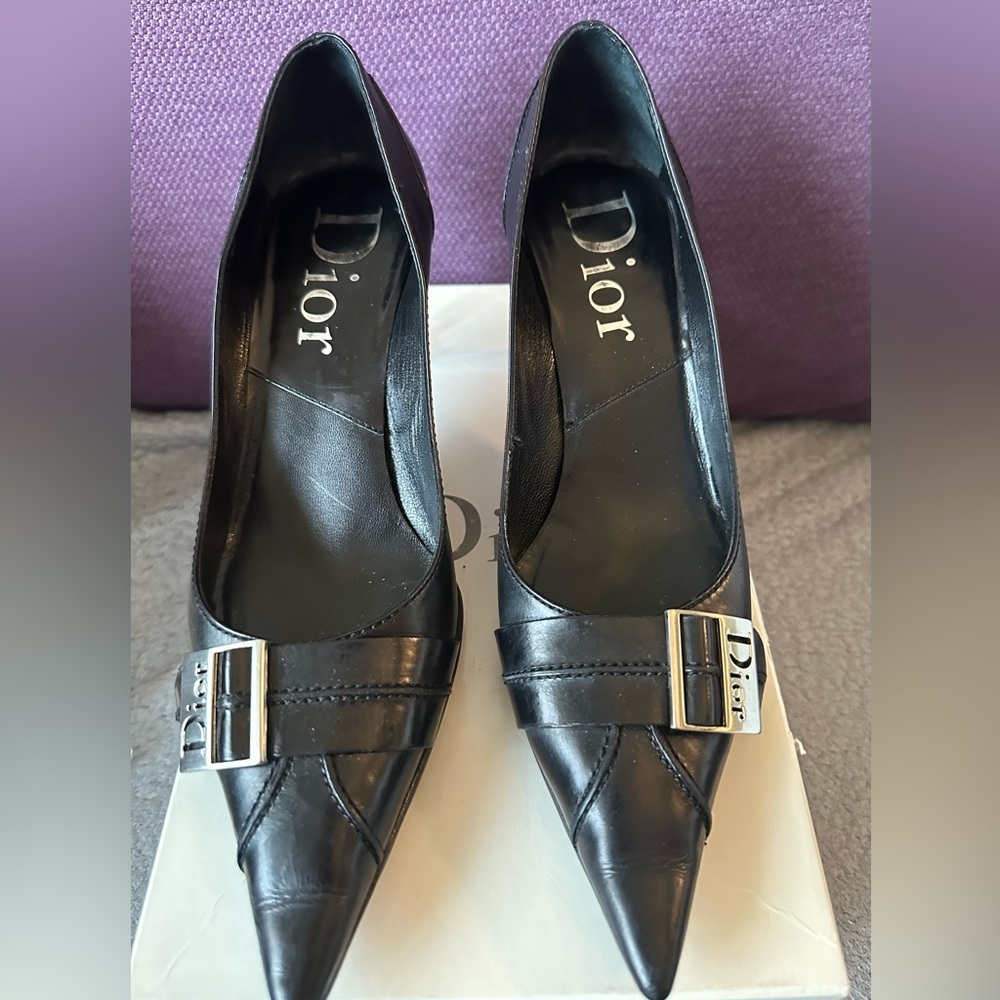 Dior Black Pointed Toe Leather Heels with Silver Buckle